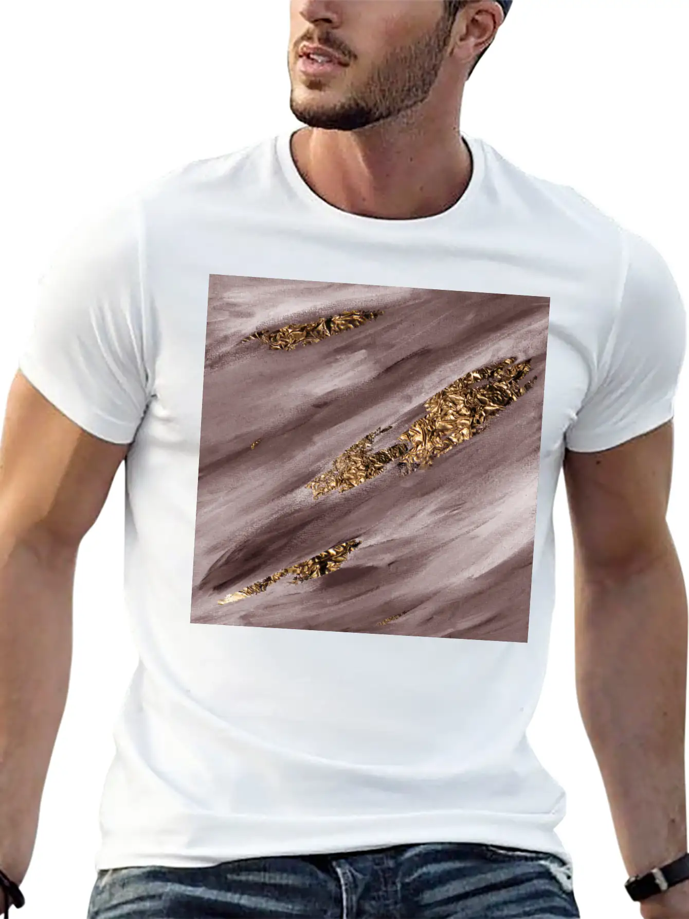 Brown Paint Brushstrokes Gold Foil Unisex Casual T-Shirt – Clean Design For Daily Comfort