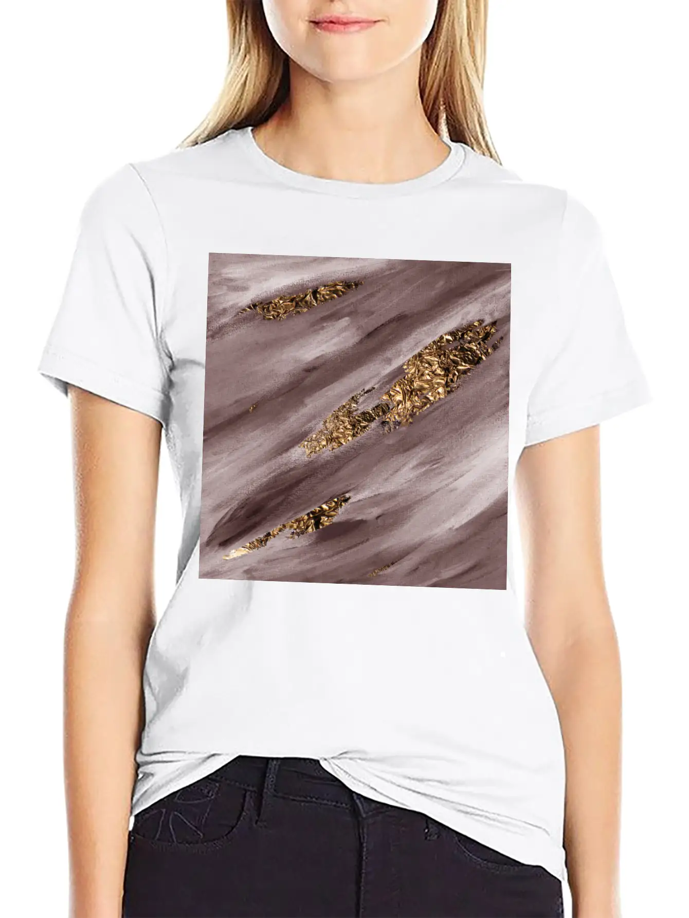 Brown Paint Brushstrokes Gold Foil Unisex Casual T-Shirt – Clean Design For Daily Comfort