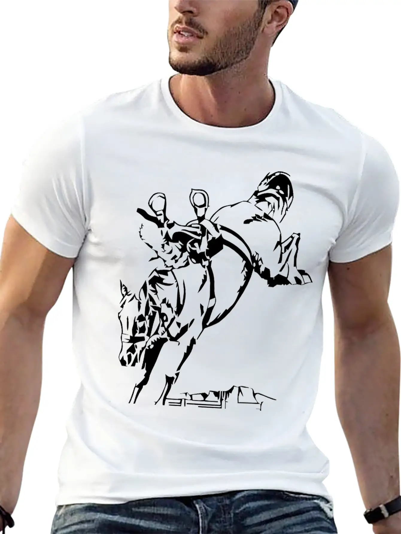 Bucking Bronco Stallion Horse With Saddle And Rein Stylish Everyday T-Shirt – Unisex Basic Cotton Tee