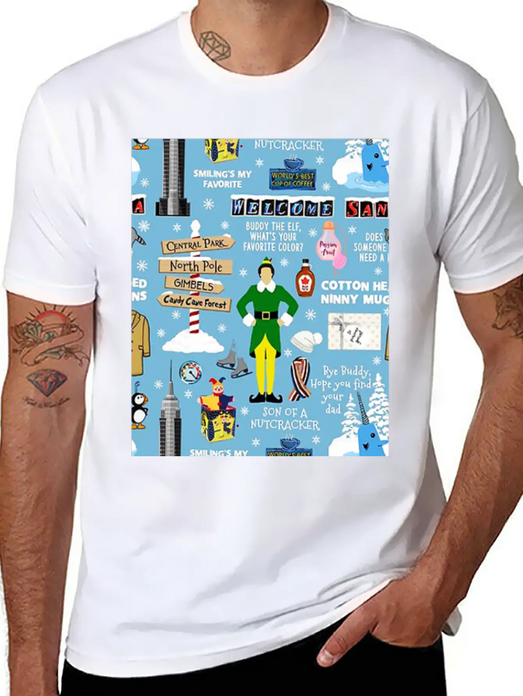 Buddy The Elf Collage Unisex Short Sleeve Soft Cotton T-Shirt – Casual Everyday Wear