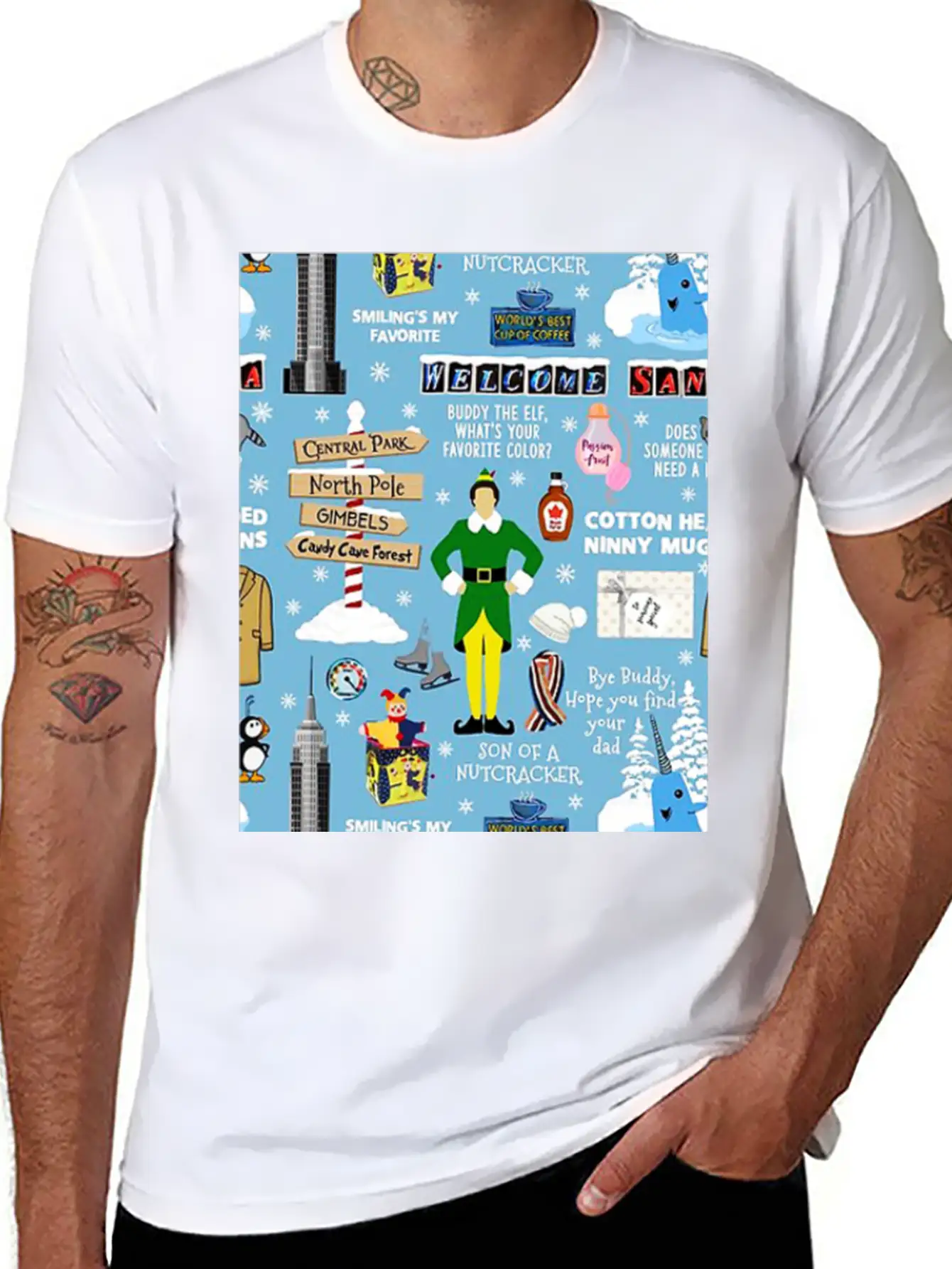 Buddy The Elf Collage Unisex Short Sleeve Soft Cotton T-Shirt – Casual Everyday Wear