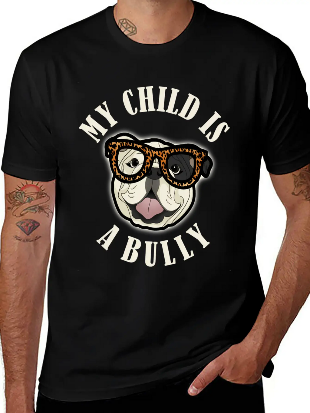 Bulldog Mom - My Child Is A Bully - Leopard Print Unisex Short Sleeve Soft Cotton T-Shirt – Casual Everyday Wear