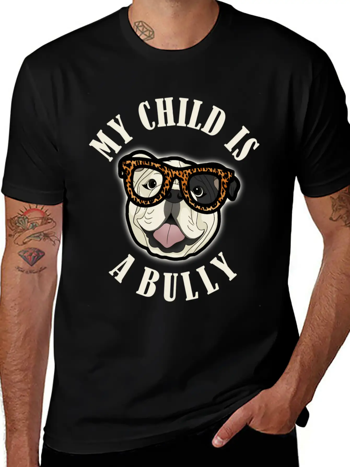 Bulldog Mom - My Child Is A Bully - Leopard Print Unisex Short Sleeve Soft Cotton T-Shirt – Casual Everyday Wear