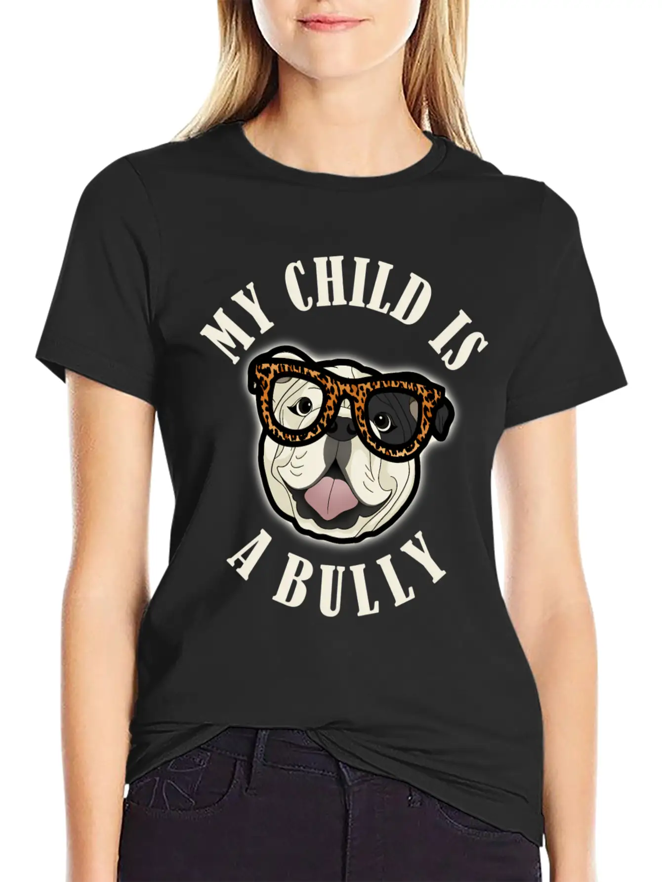 Bulldog Mom - My Child Is A Bully - Leopard Print Unisex Short Sleeve Soft Cotton T-Shirt – Casual Everyday Wear