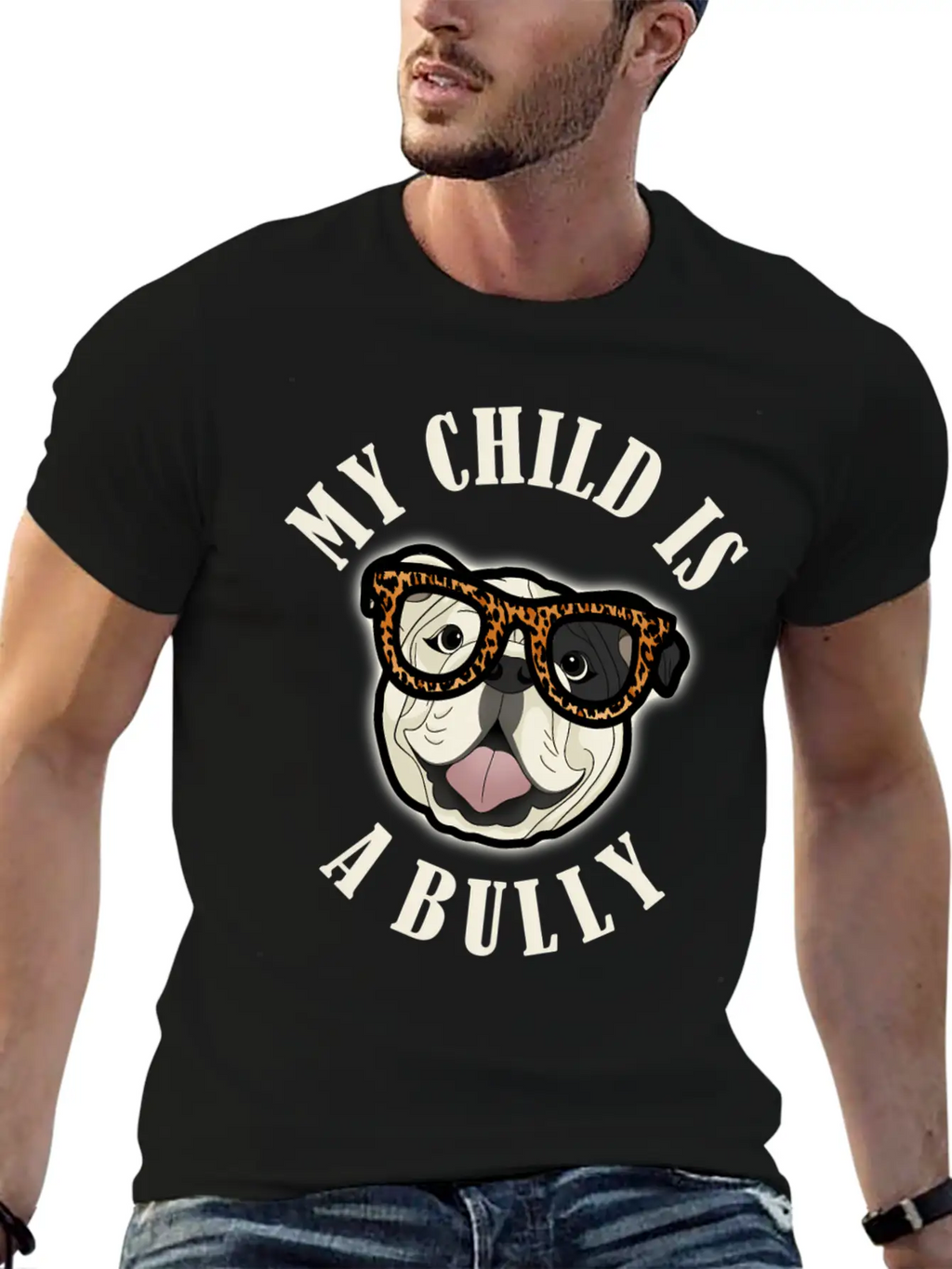 Bulldog Mom - My Child Is A Bully - Leopard Print Unisex Short Sleeve Soft Cotton T-Shirt – Casual Everyday Wear