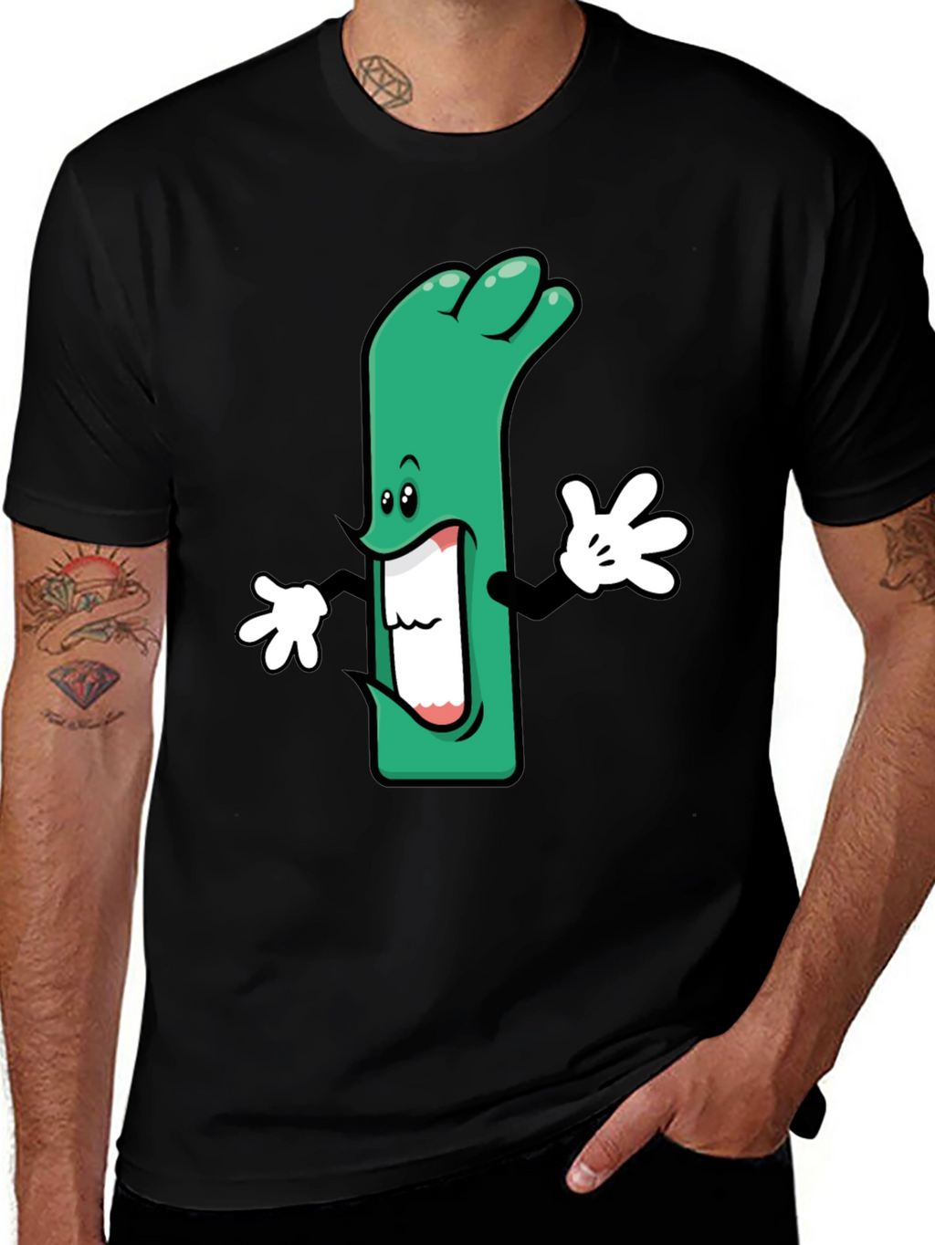 Cartoon Leek Graphic Black T-Shirt