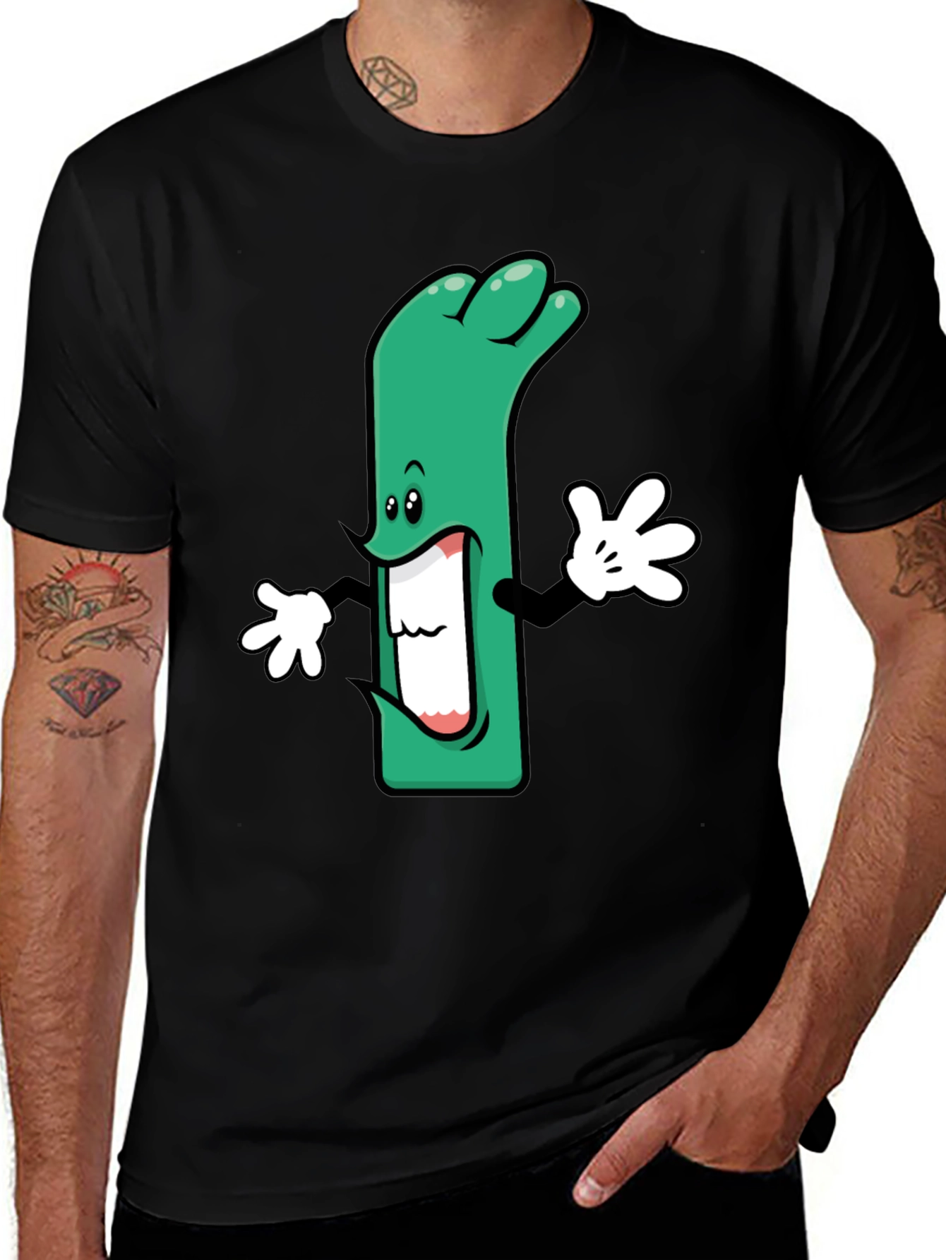 Cartoon Leek Graphic Black T-Shirt