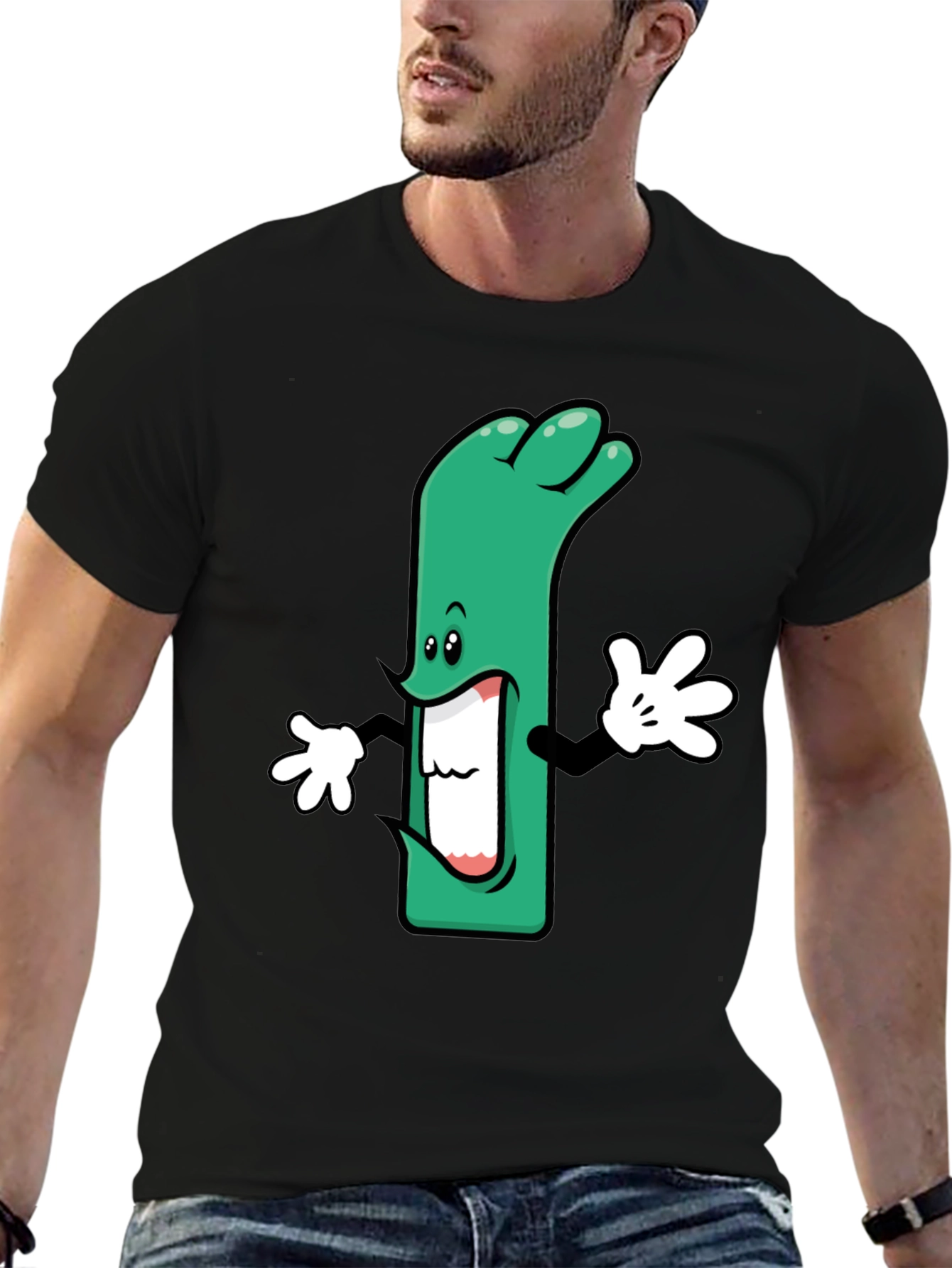 Cartoon Leek Graphic Black T-Shirt