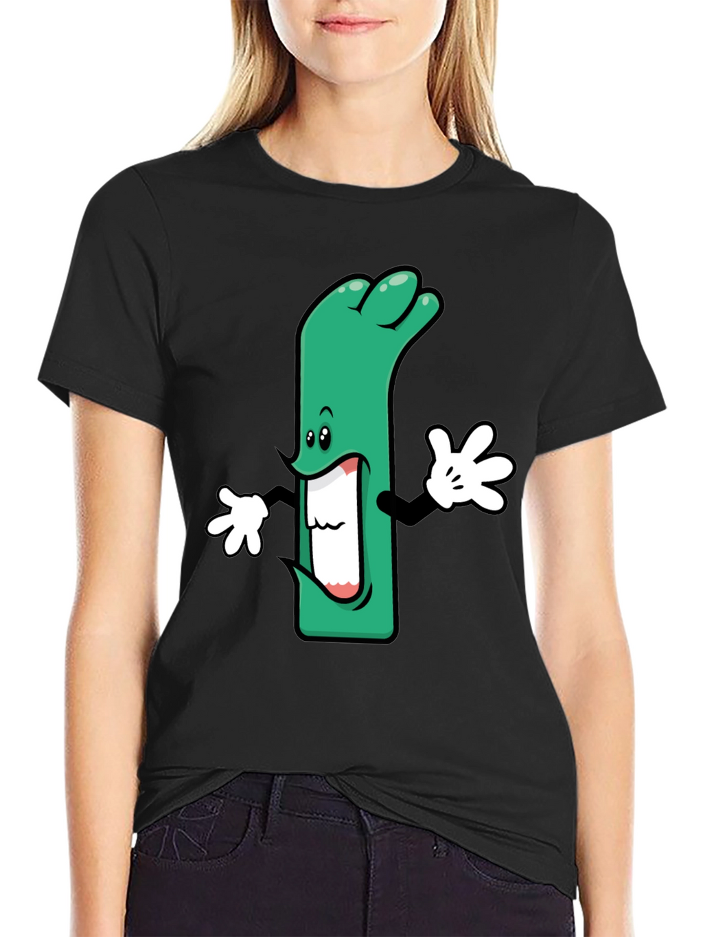Cartoon Leek Graphic Black T-Shirt