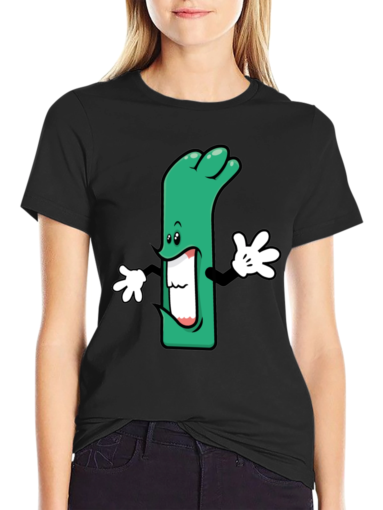 Cartoon Leek Graphic Black T-Shirt