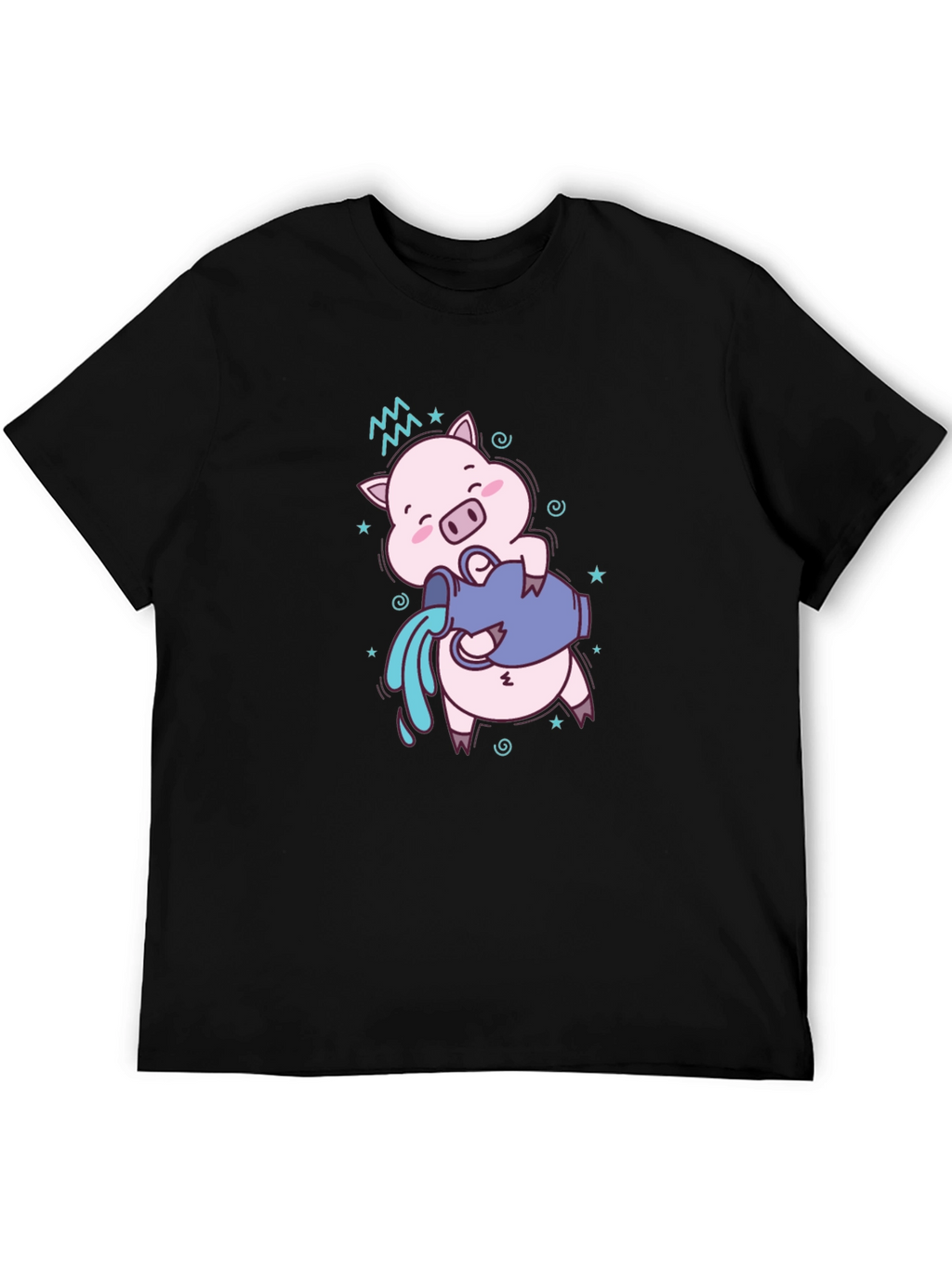 Aquarius Zodiac Pig Graphic Tee - Black Cotton