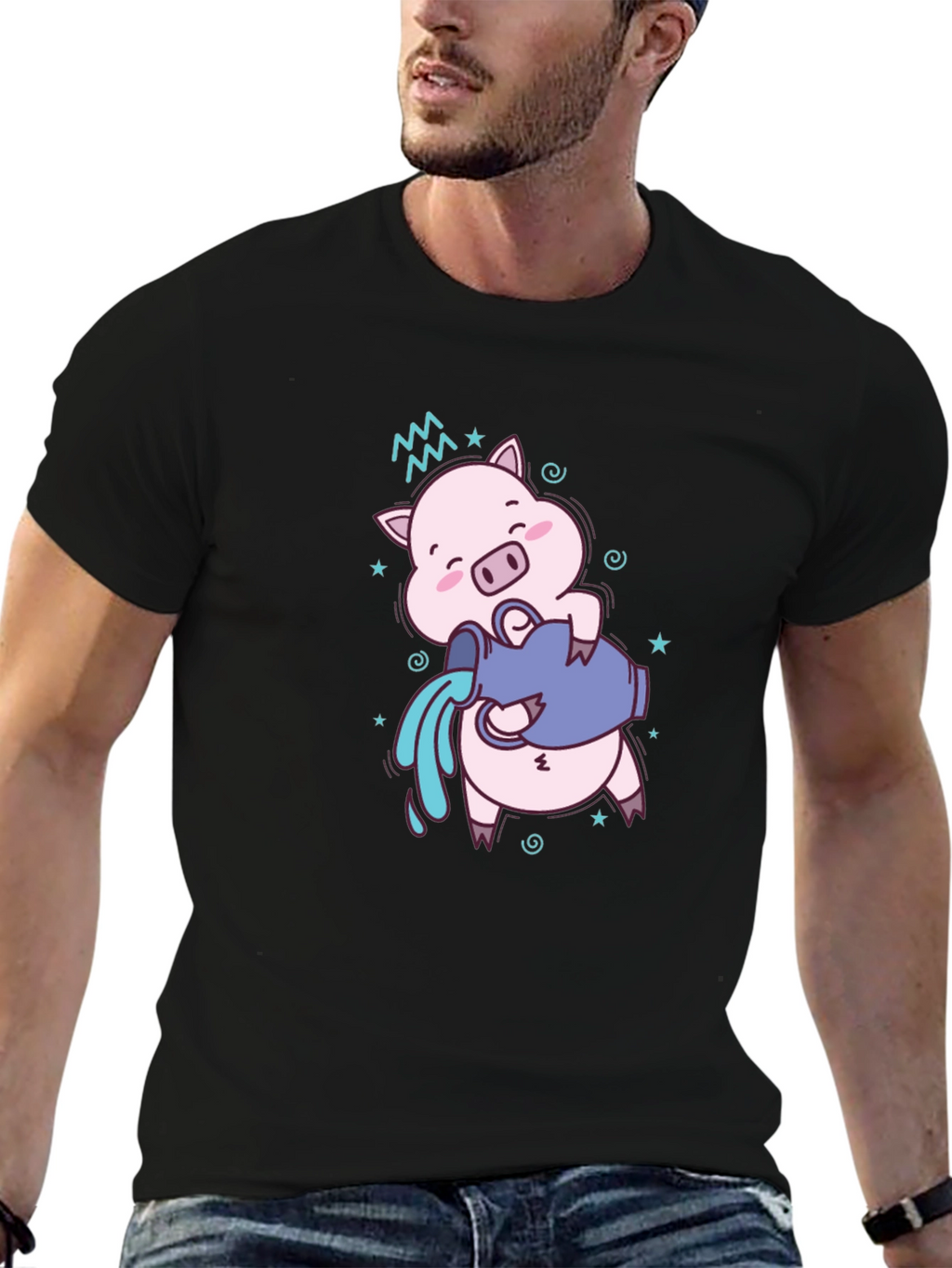 Aquarius Zodiac Pig Graphic Tee - Black Cotton