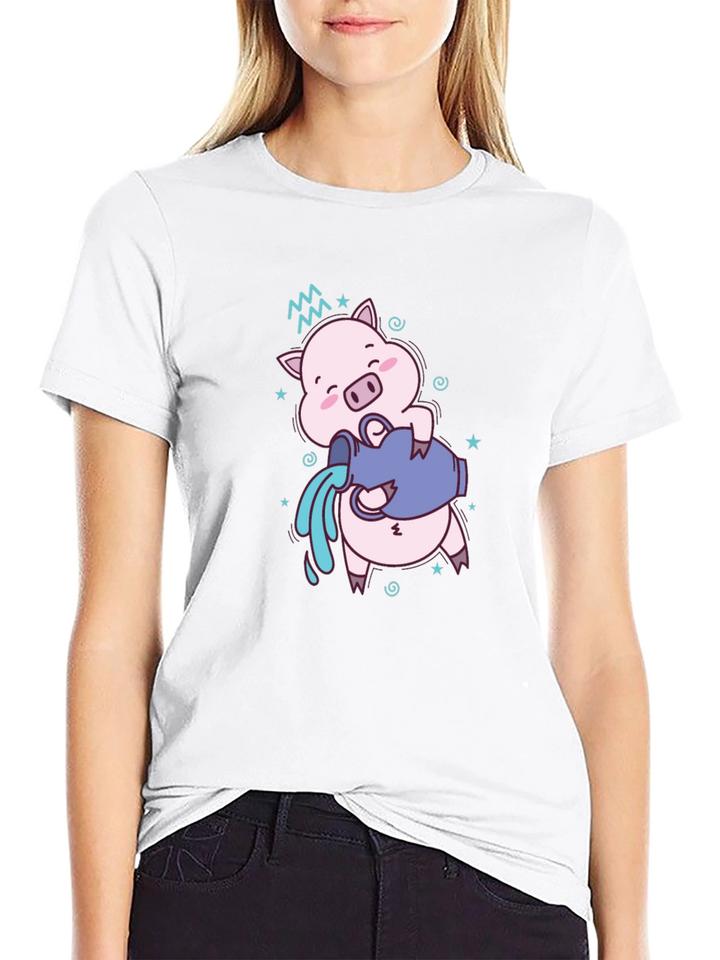 Aquarius Zodiac Pig Graphic Tee - Black Cotton