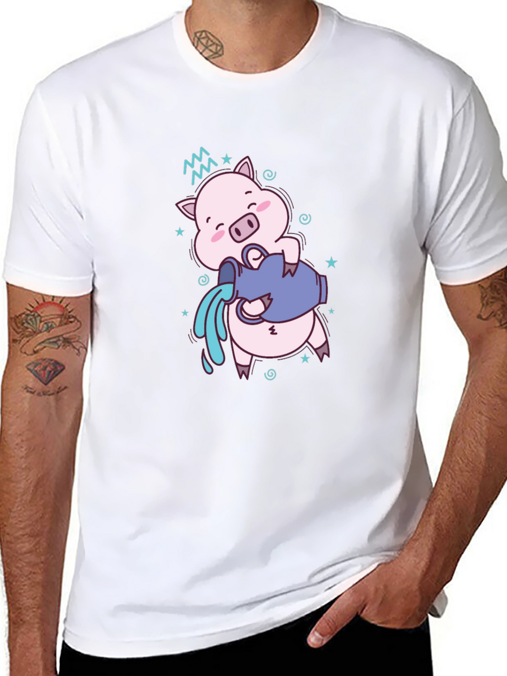 Aquarius Zodiac Pig Graphic Tee - Black Cotton