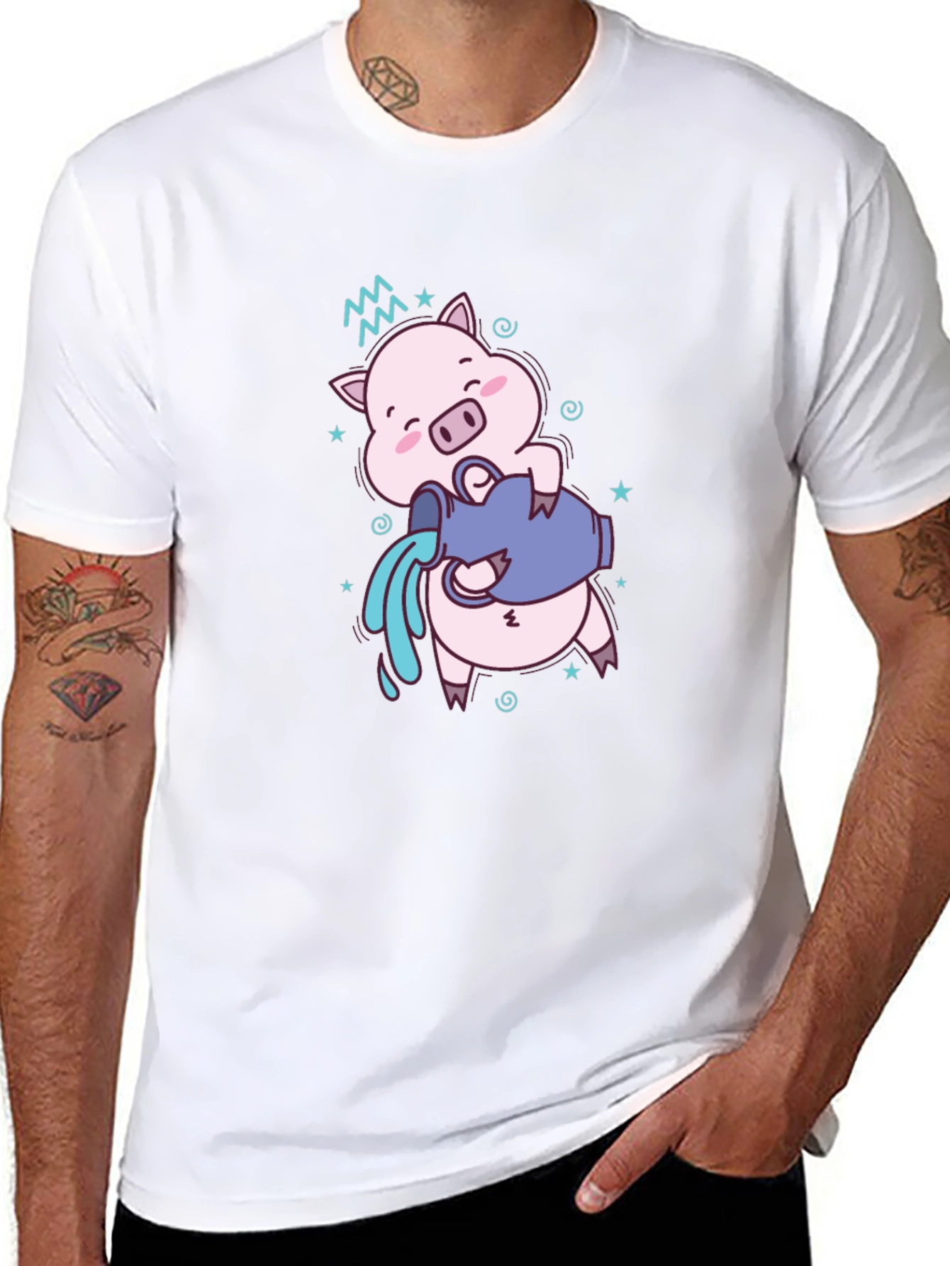 Aquarius Zodiac Pig Graphic Tee - Black Cotton