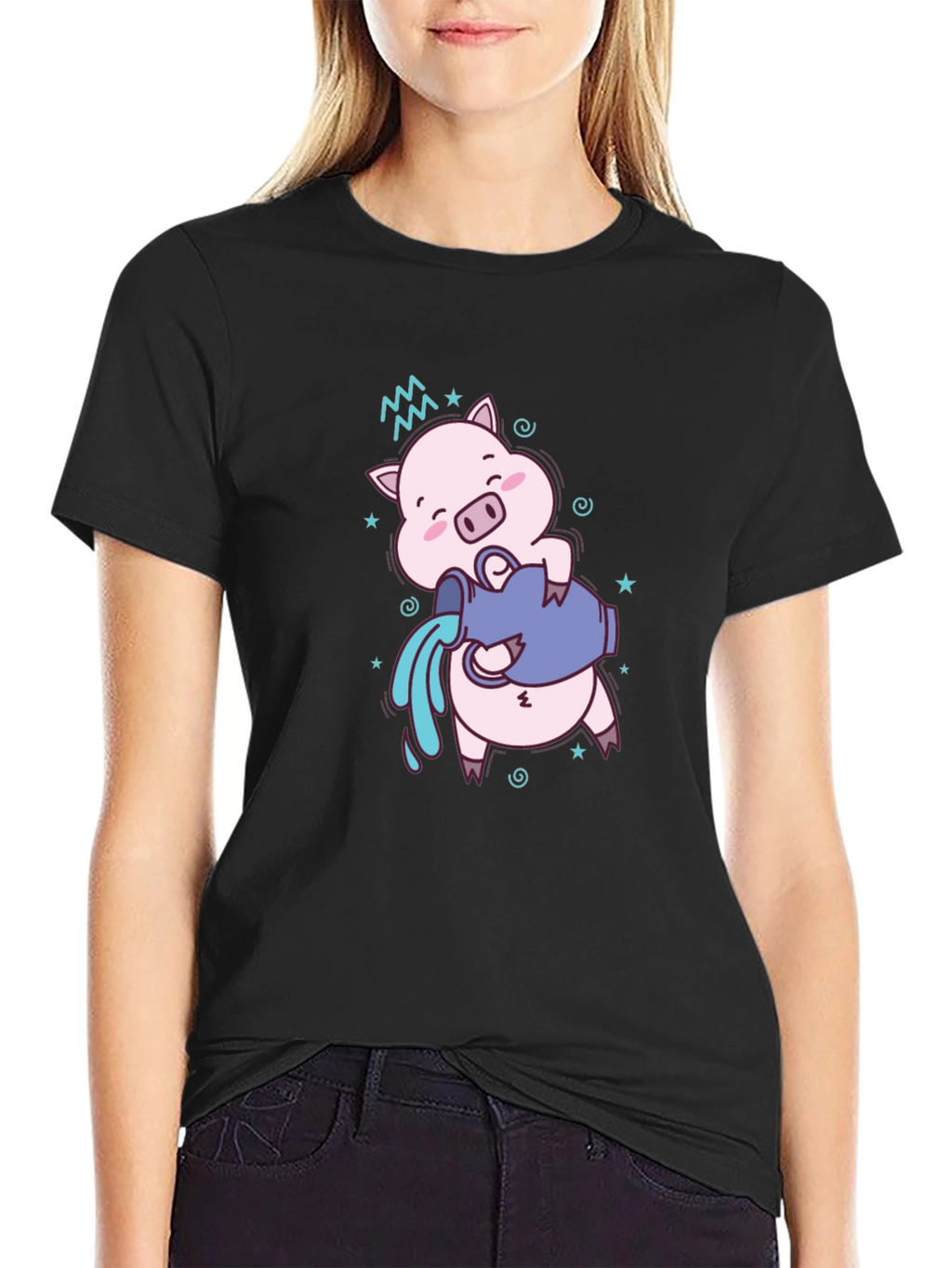 Aquarius Zodiac Pig Graphic Tee - Black Cotton