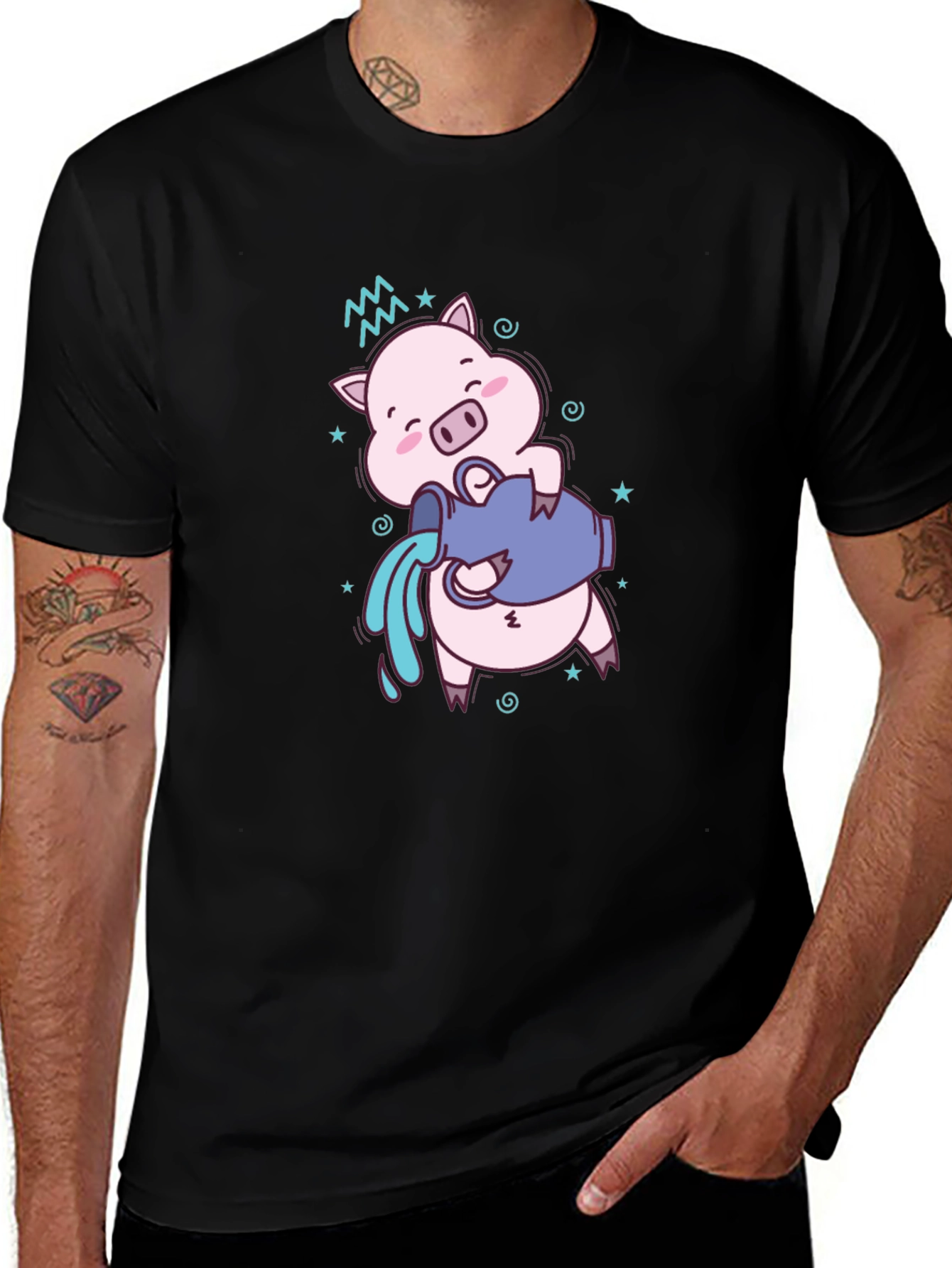 Aquarius Zodiac Pig Graphic Tee - Black Cotton