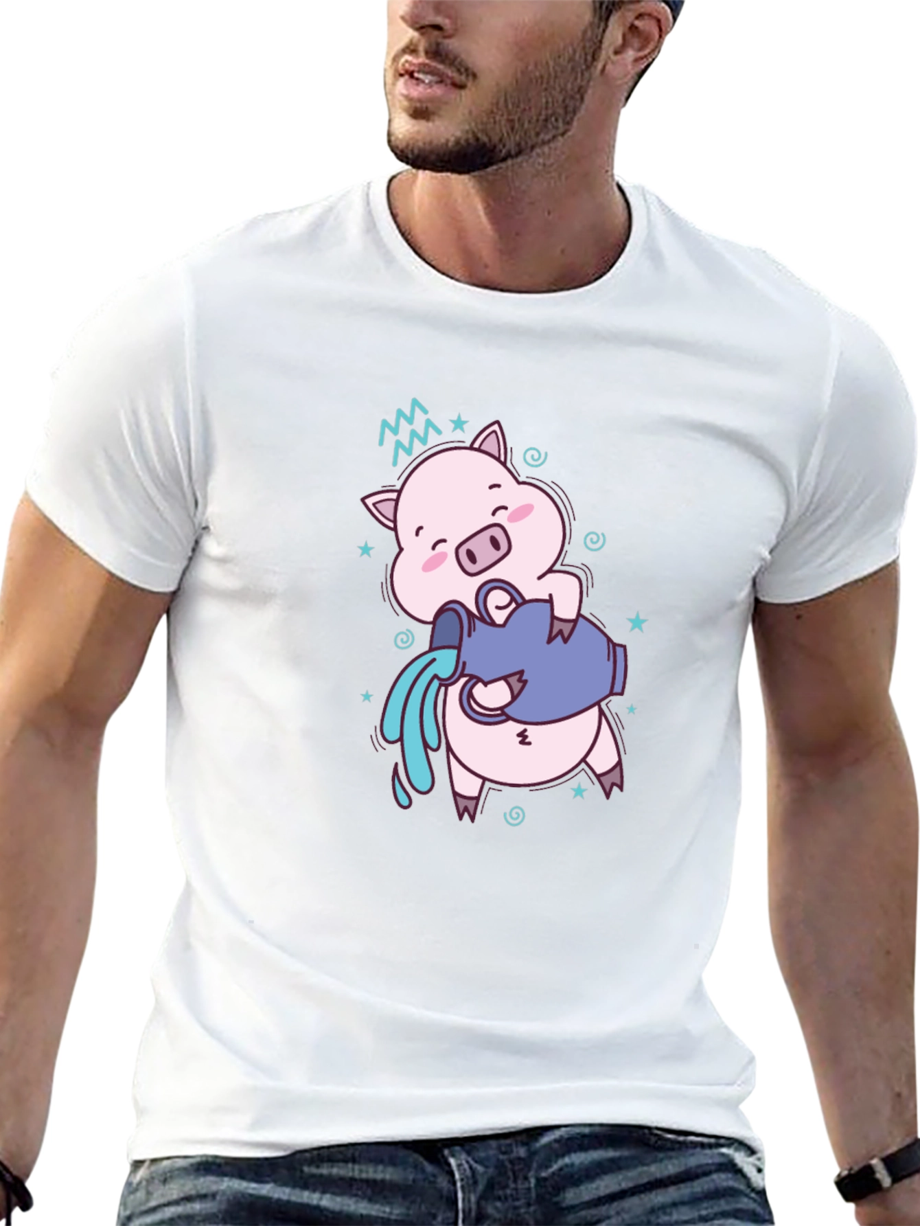 Aquarius Zodiac Pig Graphic Tee - Black Cotton