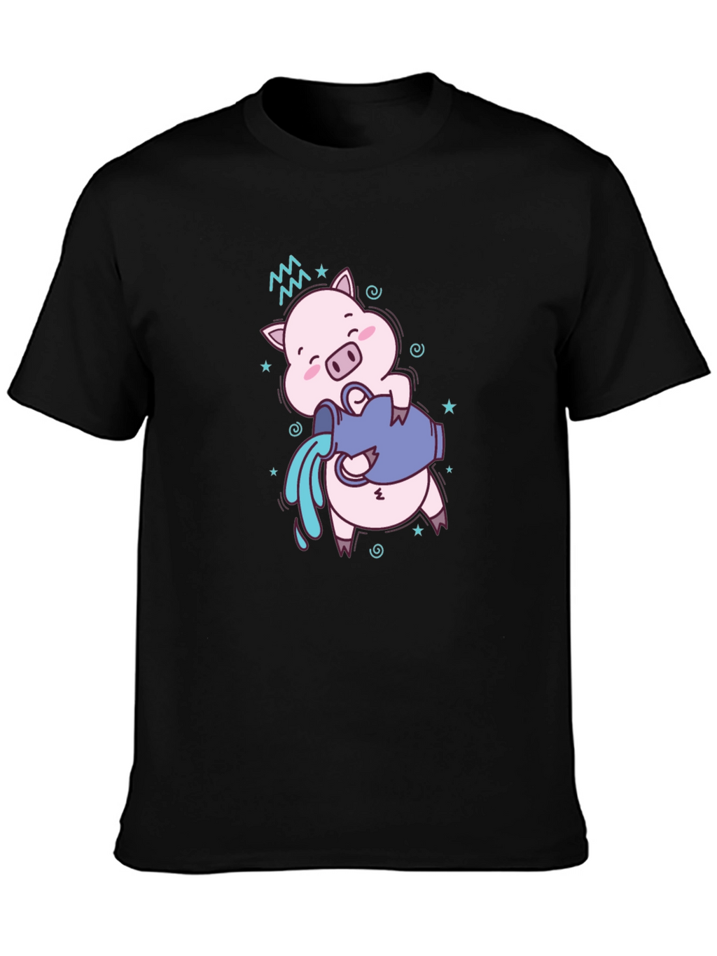 Aquarius Zodiac Pig Graphic Tee - Black Cotton