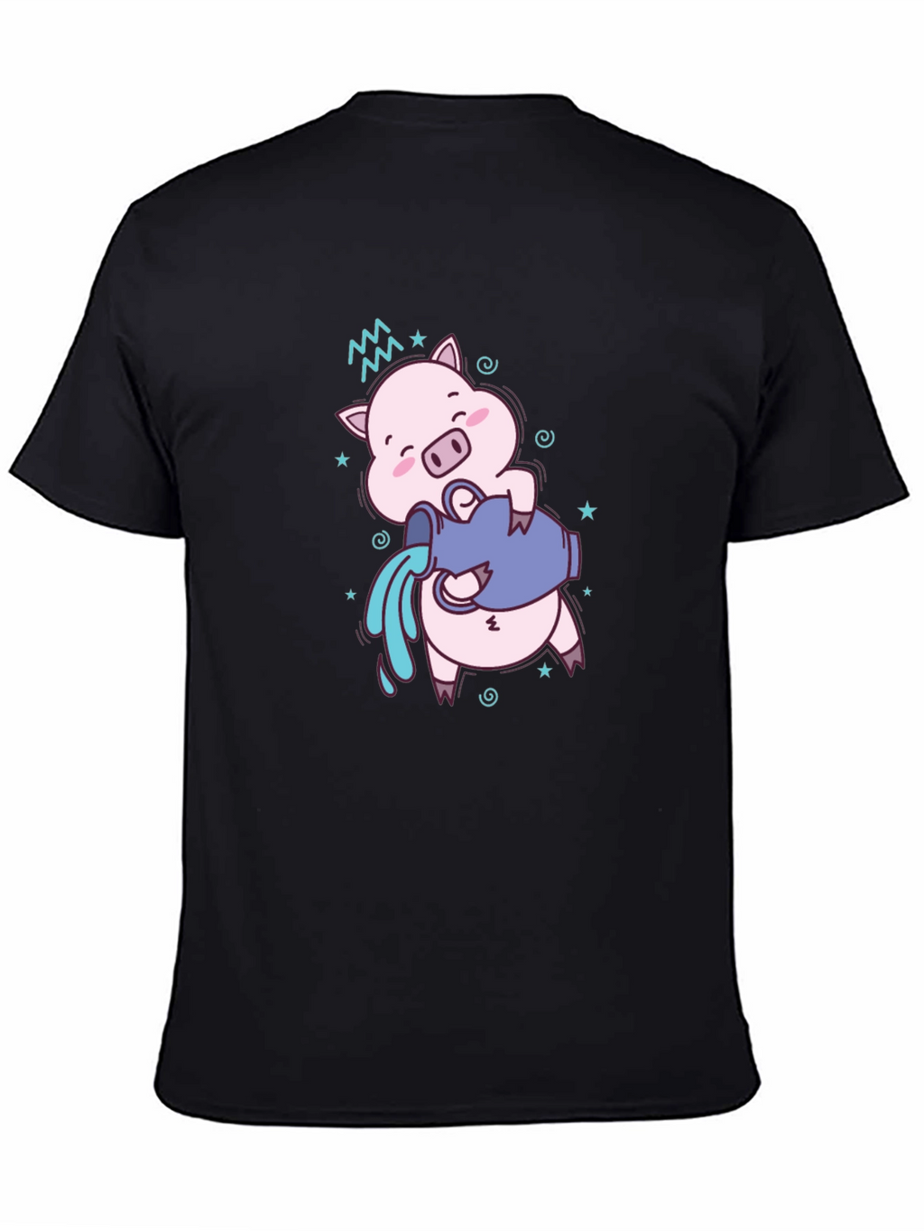 Aquarius Zodiac Pig Graphic Tee - Black Cotton