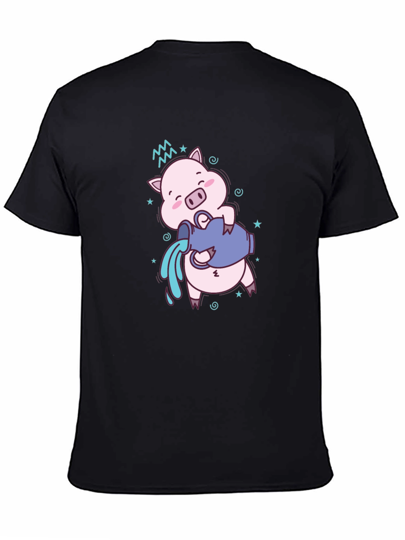 Aquarius Zodiac Pig Graphic Tee - Black Cotton