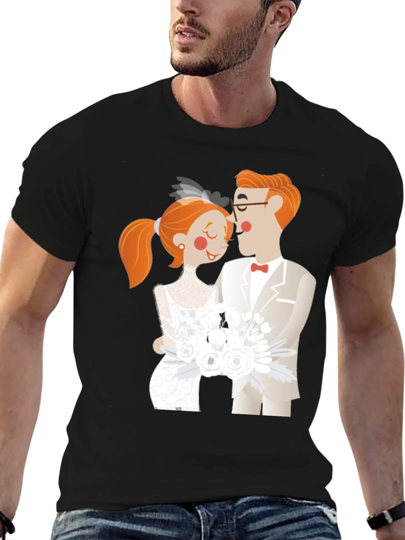 Cartoon Wedding Couple Black T-Shirt