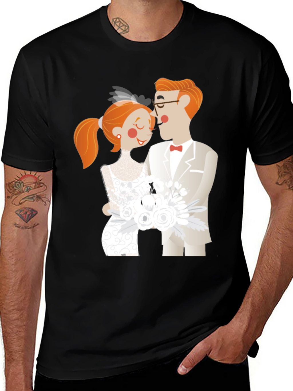 Cartoon Wedding Couple Black T-Shirt