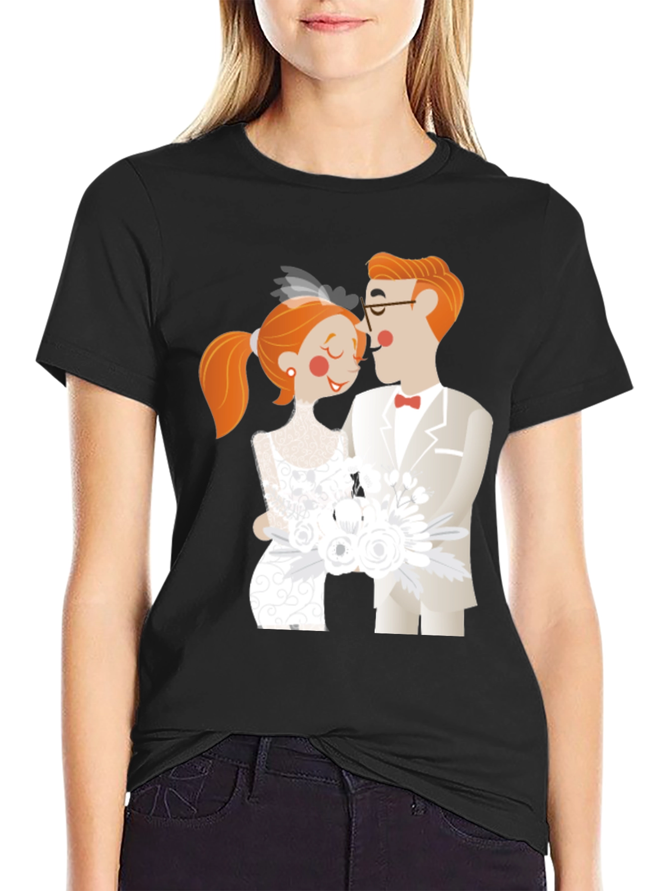 Cartoon Wedding Couple Black T-Shirt