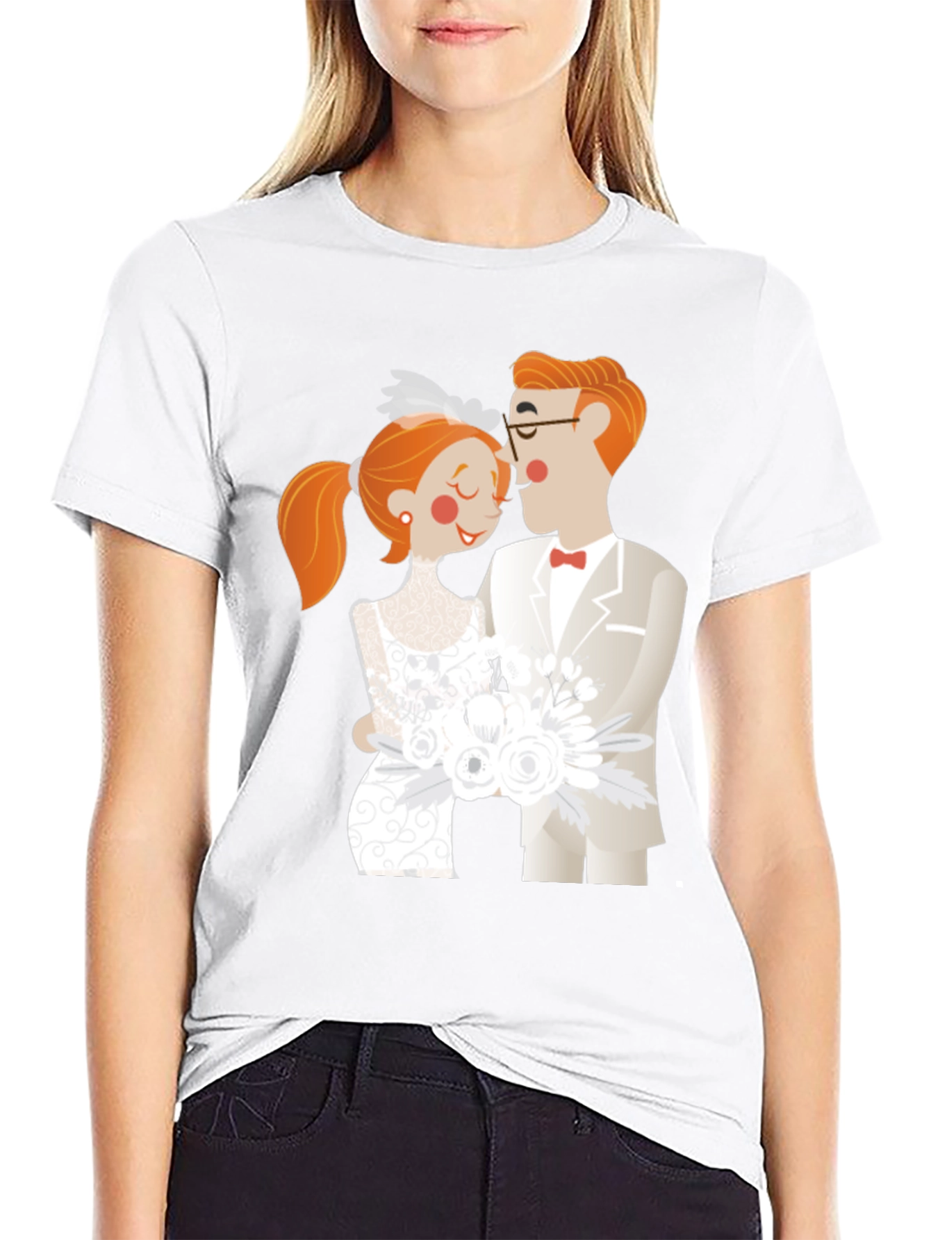 Cartoon Wedding Couple Black T-Shirt