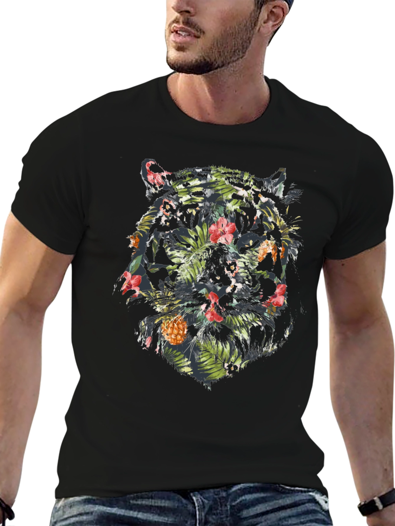 Tropical Tiger Graphic Tee - Black Cotton Blend Shirt
