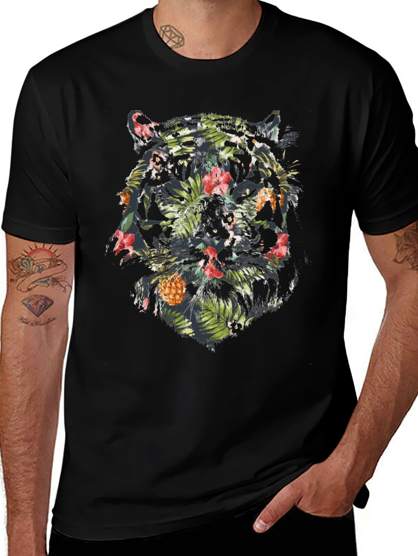 Tropical Tiger Graphic Tee - Black Cotton Blend Shirt