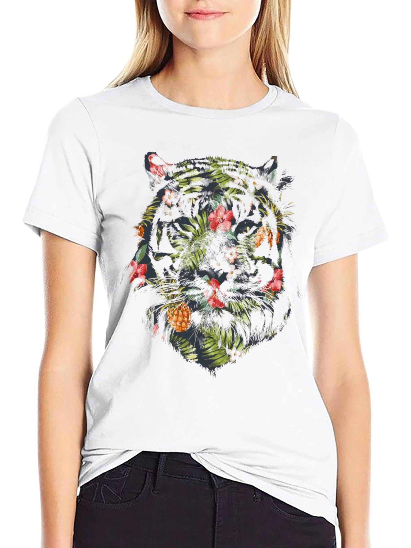 Tropical Tiger Graphic Tee - Black Cotton Blend Shirt