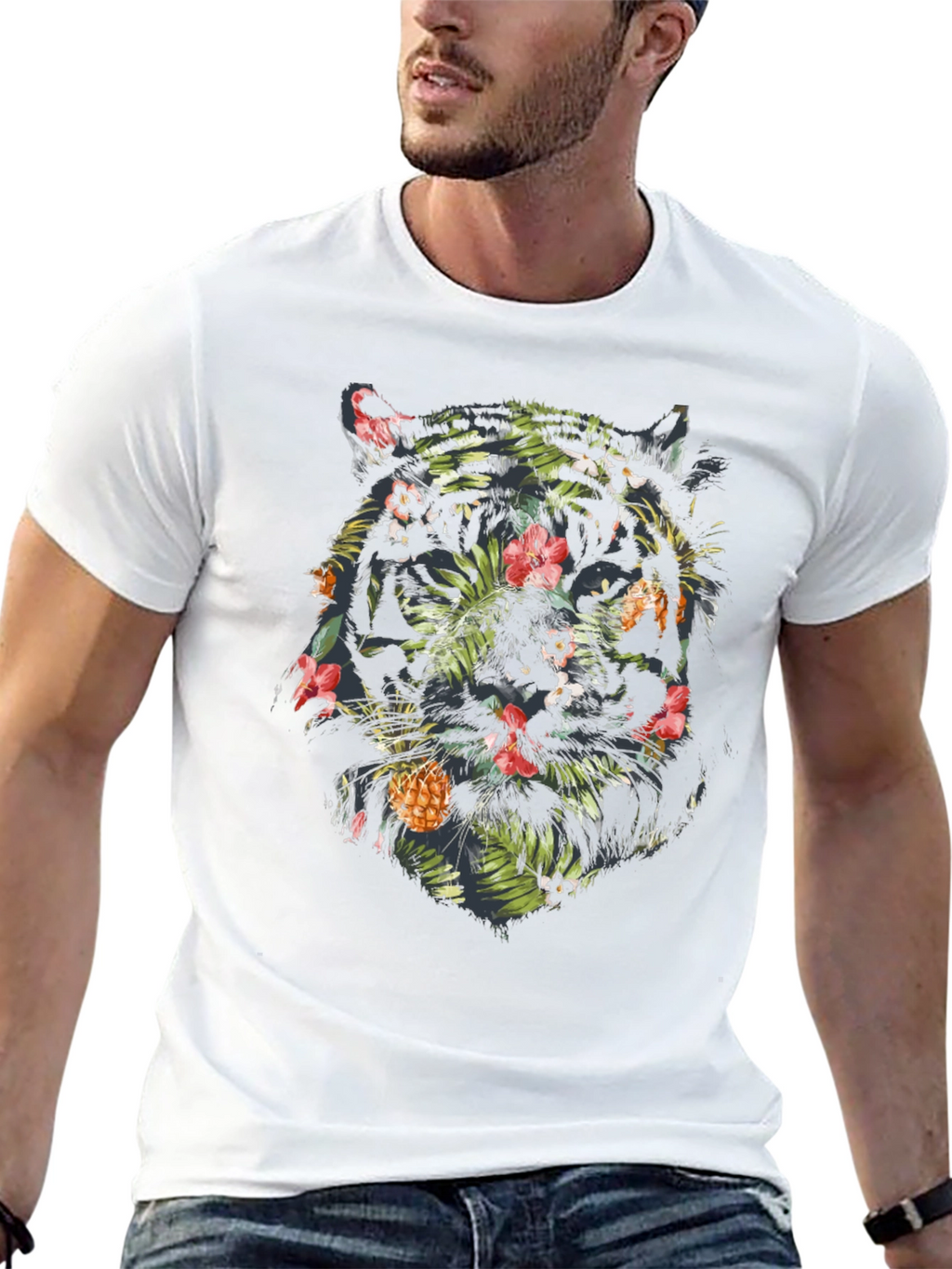 Tropical Tiger Graphic Tee - Black Cotton Blend Shirt