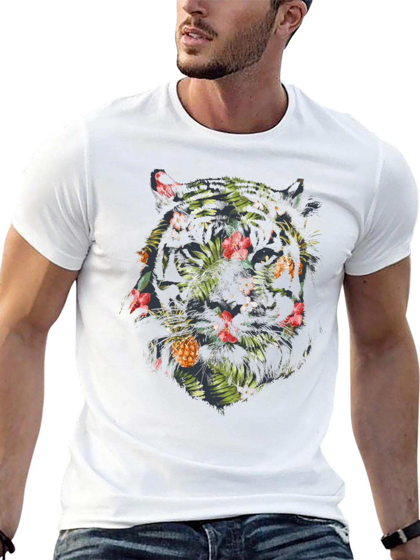 Tropical Tiger Graphic Tee - Black Cotton Blend Shirt