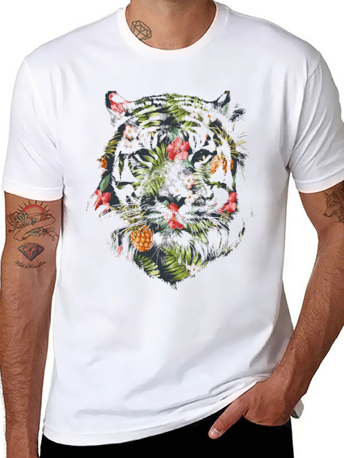 Tropical Tiger Graphic Tee - Black Cotton Blend Shirt