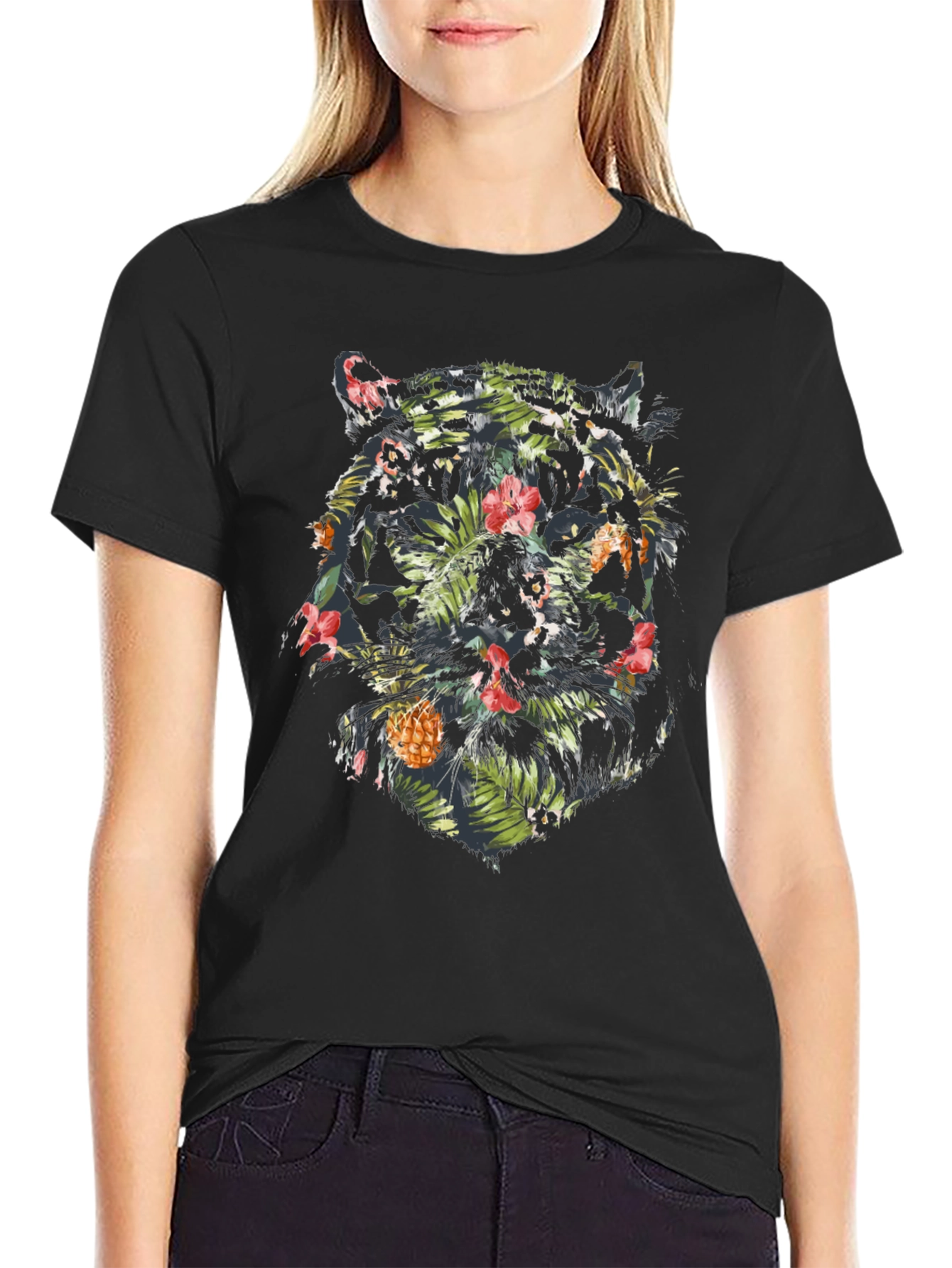 Tropical Tiger Graphic Tee - Black Cotton Blend Shirt