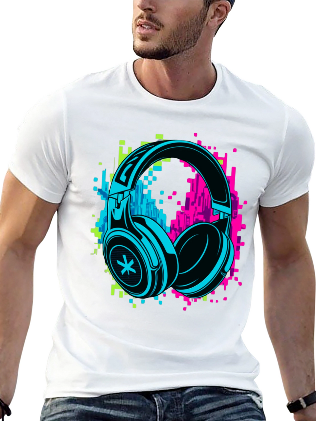 Neon Headphones Graphic Black T-Shirt