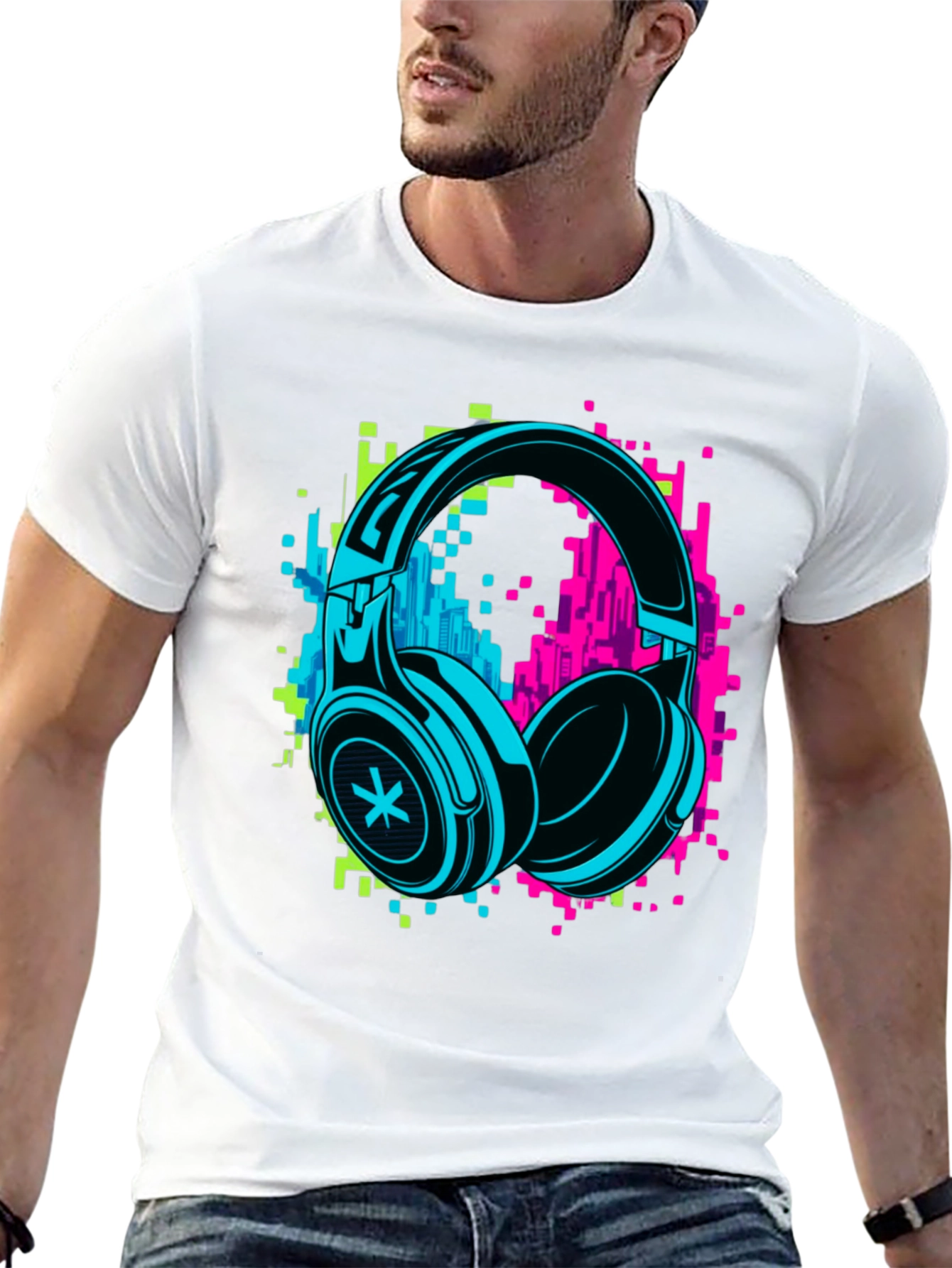 Neon Headphones Graphic Black T-Shirt