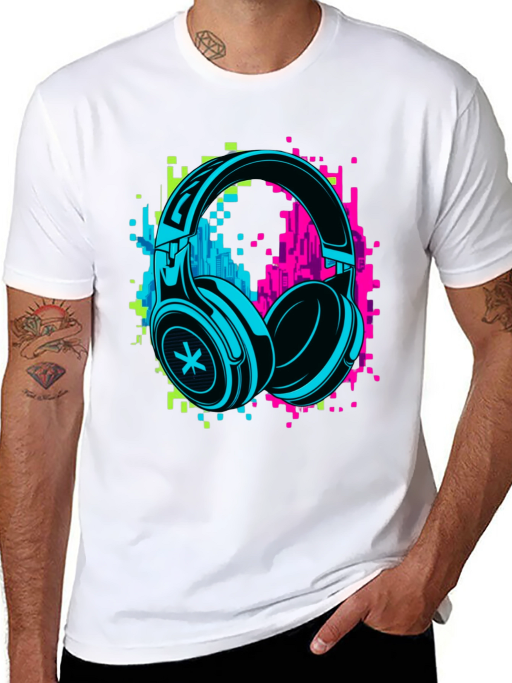 Neon Headphones Graphic Black T-Shirt