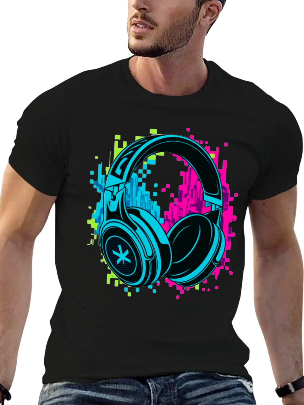 Neon Headphones Graphic Black T-Shirt