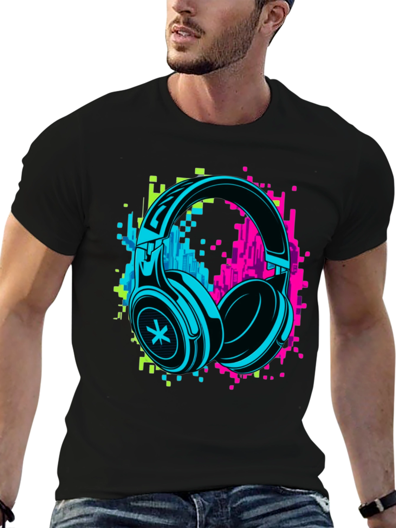 Neon Headphones Graphic Black T-Shirt