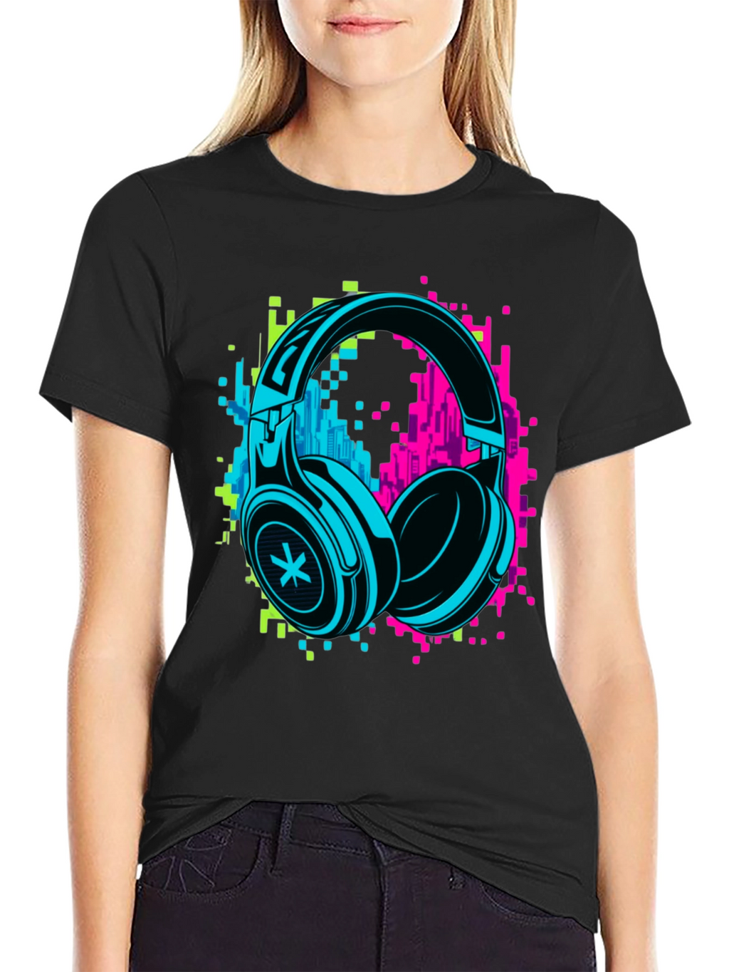 Neon Headphones Graphic Black T-Shirt