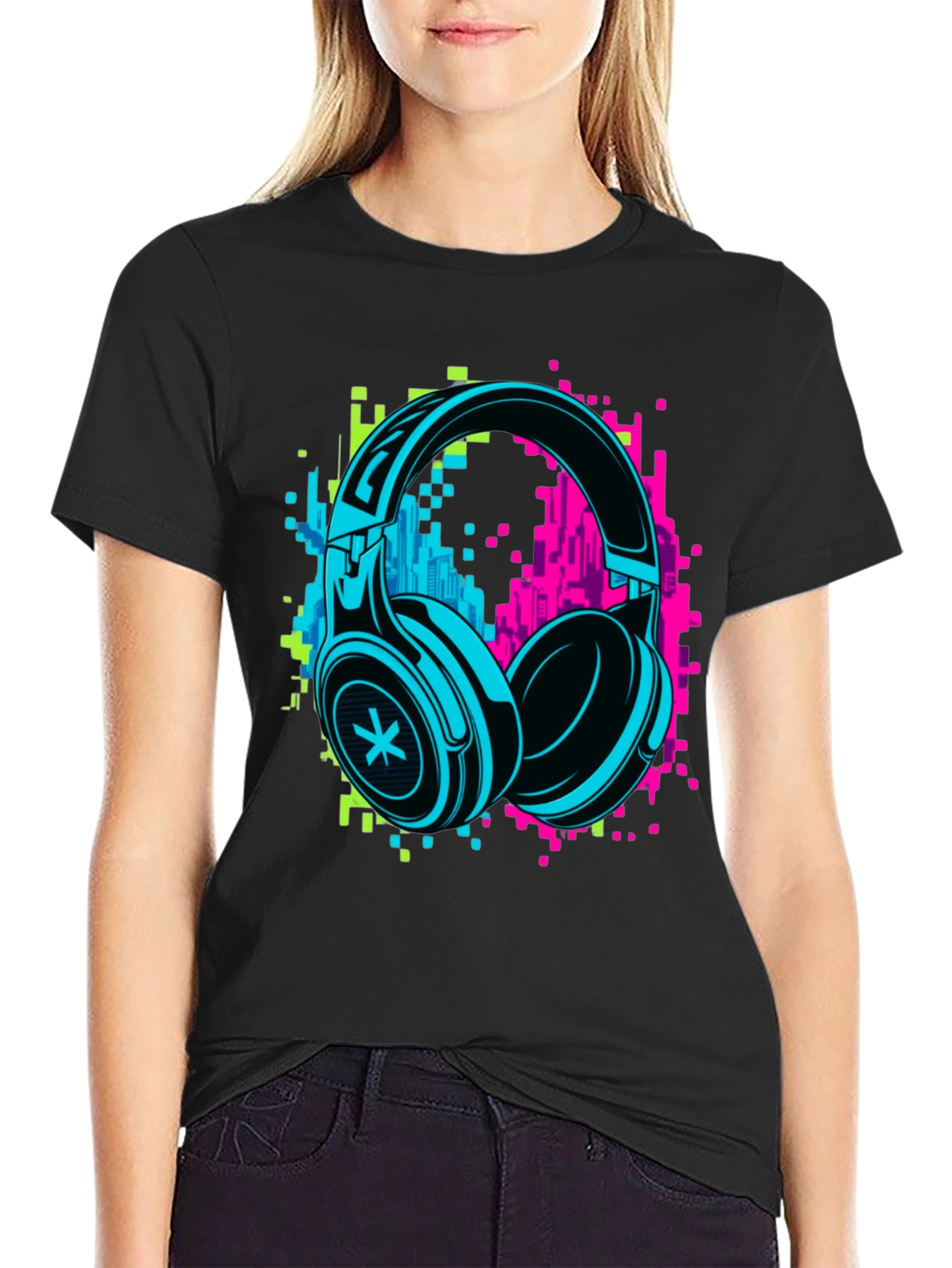 Neon Headphones Graphic Black T-Shirt