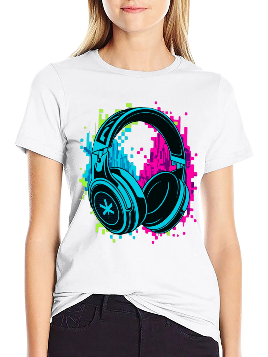 Neon Headphones Graphic Black T-Shirt