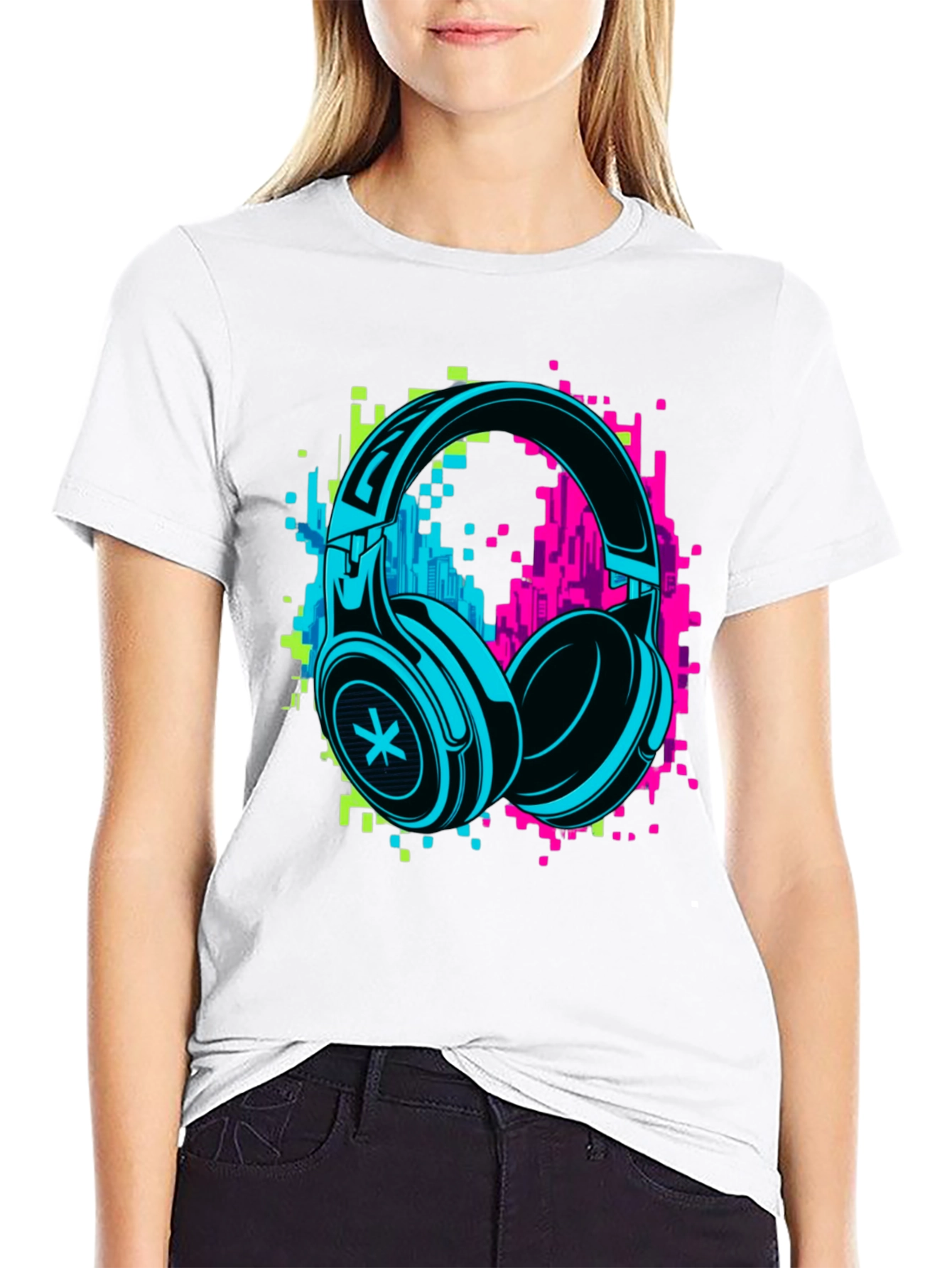 Neon Headphones Graphic Black T-Shirt