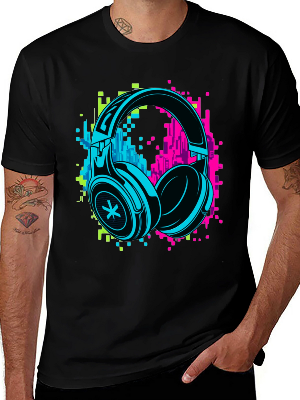 Neon Headphones Graphic Black T-Shirt