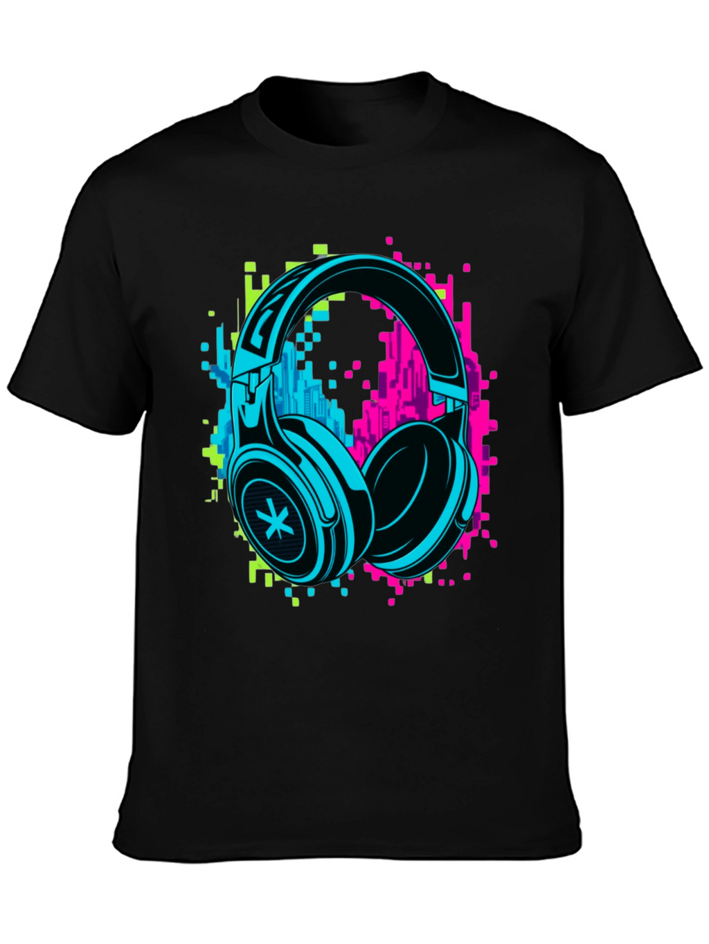 Neon Headphones Graphic Black T-Shirt