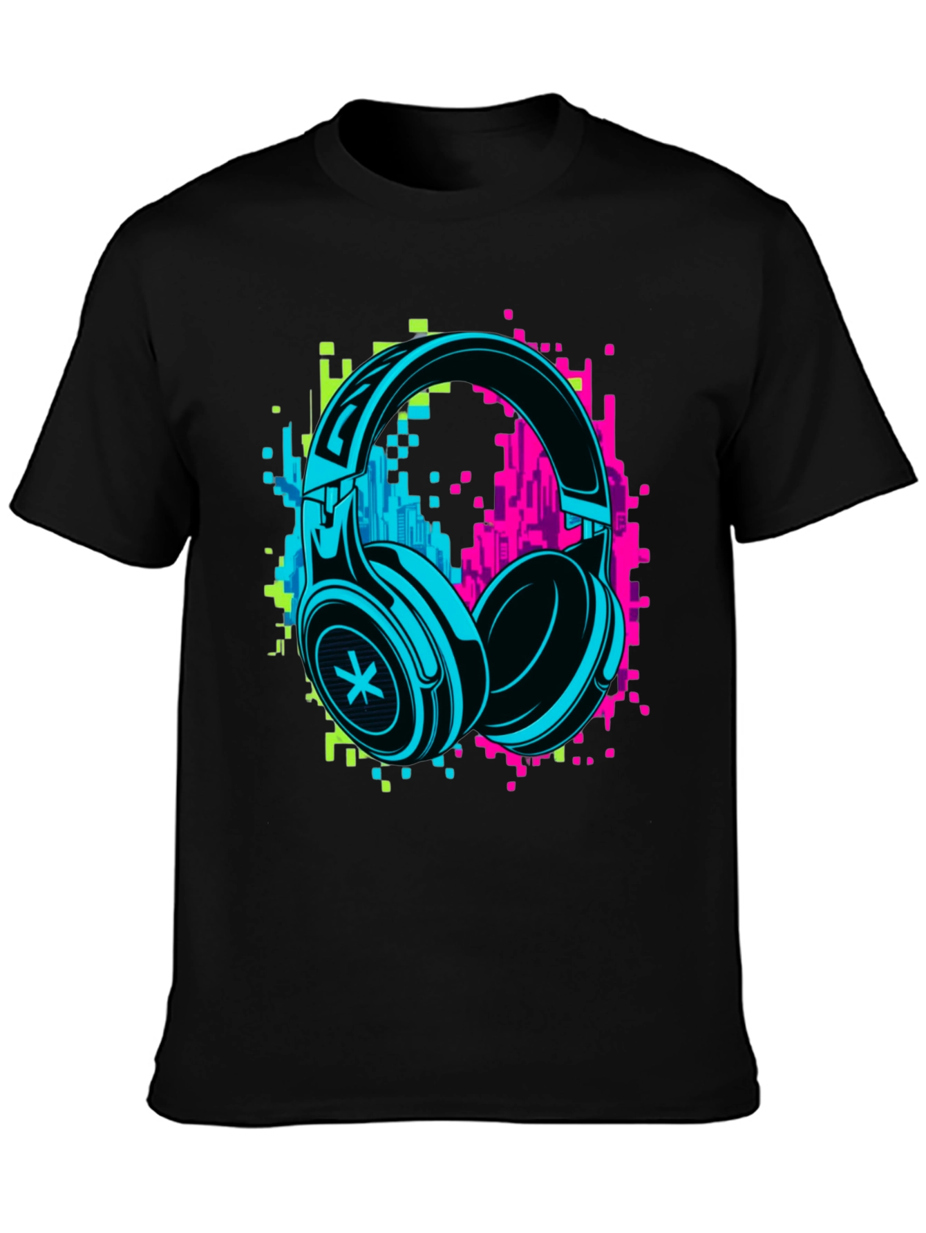 Neon Headphones Graphic Black T-Shirt