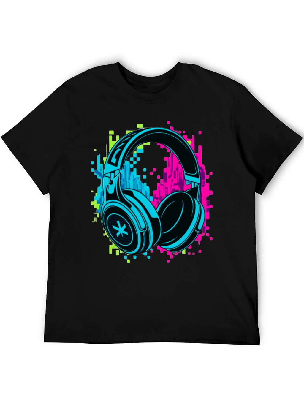Neon Headphones Graphic Black T-Shirt
