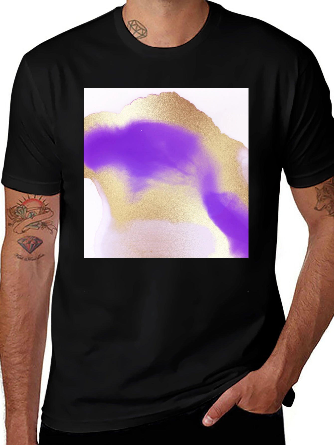 Abstract Gold & Purple Graphic Tee - Modern Art Shirt